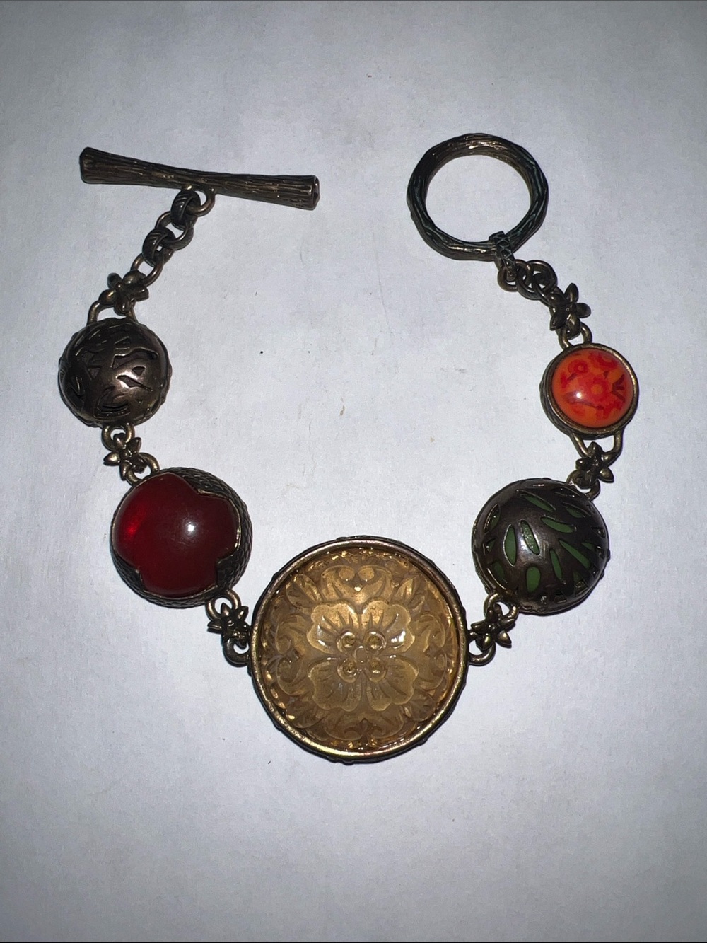 Lucky Brand Vintage Floral Medallion Bracelet in Gold, Red, Orange
